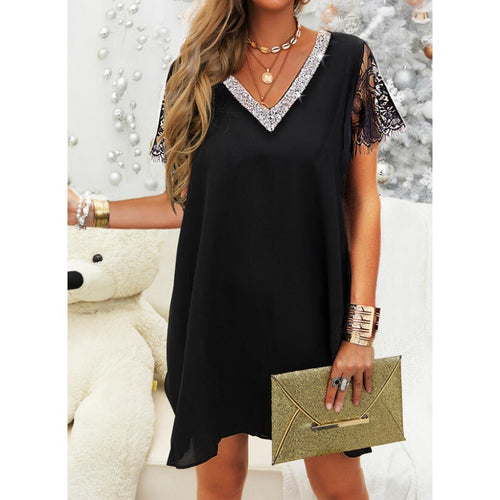 Damen Kleid mit Spitzenbesätzen und elegantem V-Ausschnitt Drune