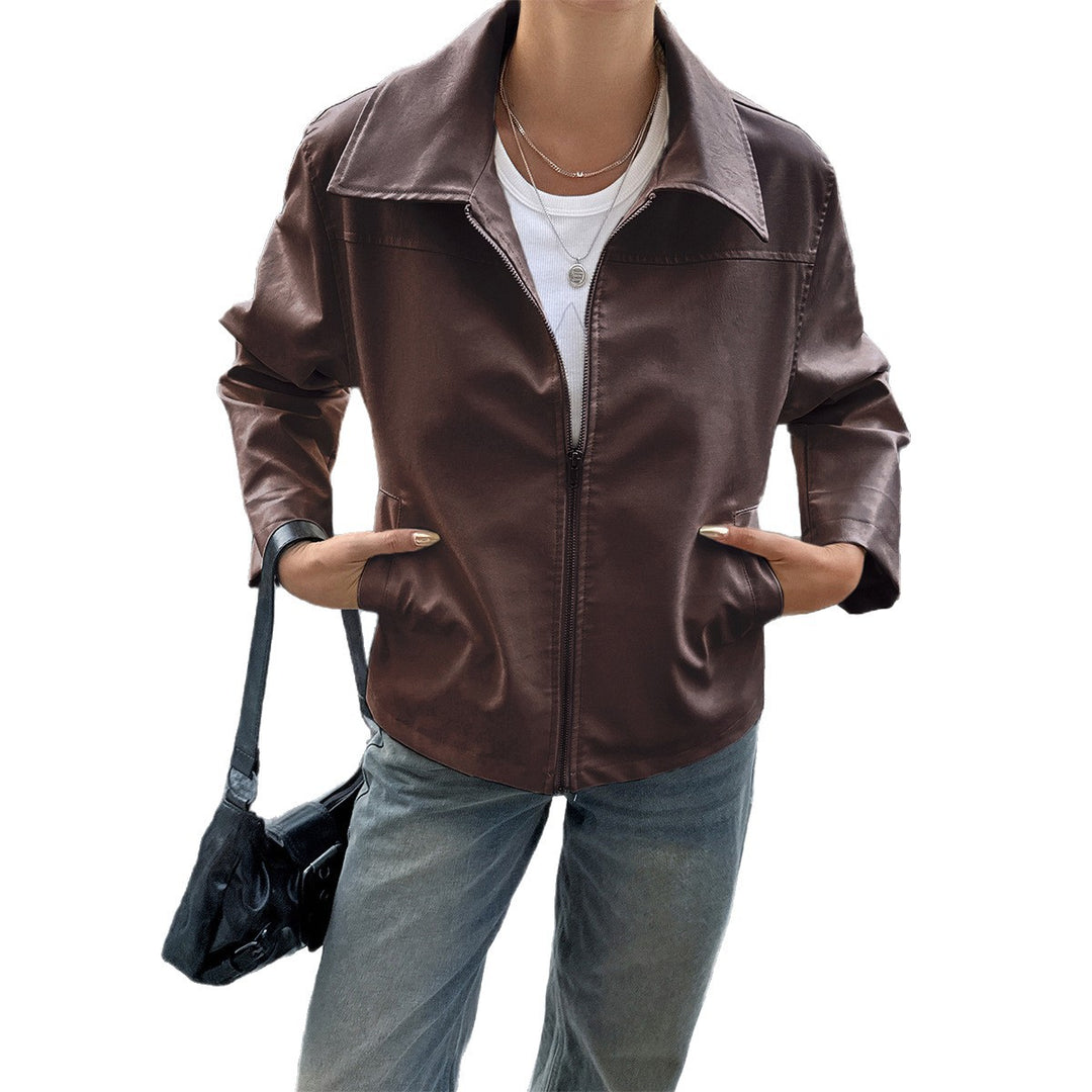 Damen nan elegante Kunstlederjacke mit Reißverschluss, Hemdkragen und Eingrifftaschen Drune