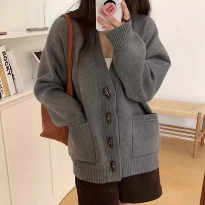 Damen Gemütliche Strickjacke mit modernen Knöpfen und Taschen Drune