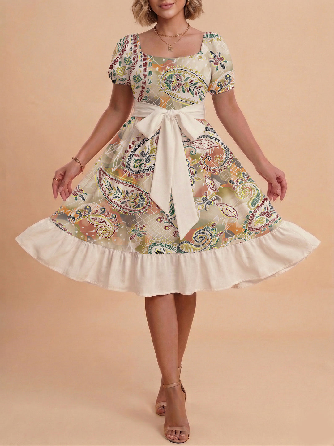 Damen modernes Blumenkleid mit elegantem Taillengürtel und asymmetrischem Saum Drune