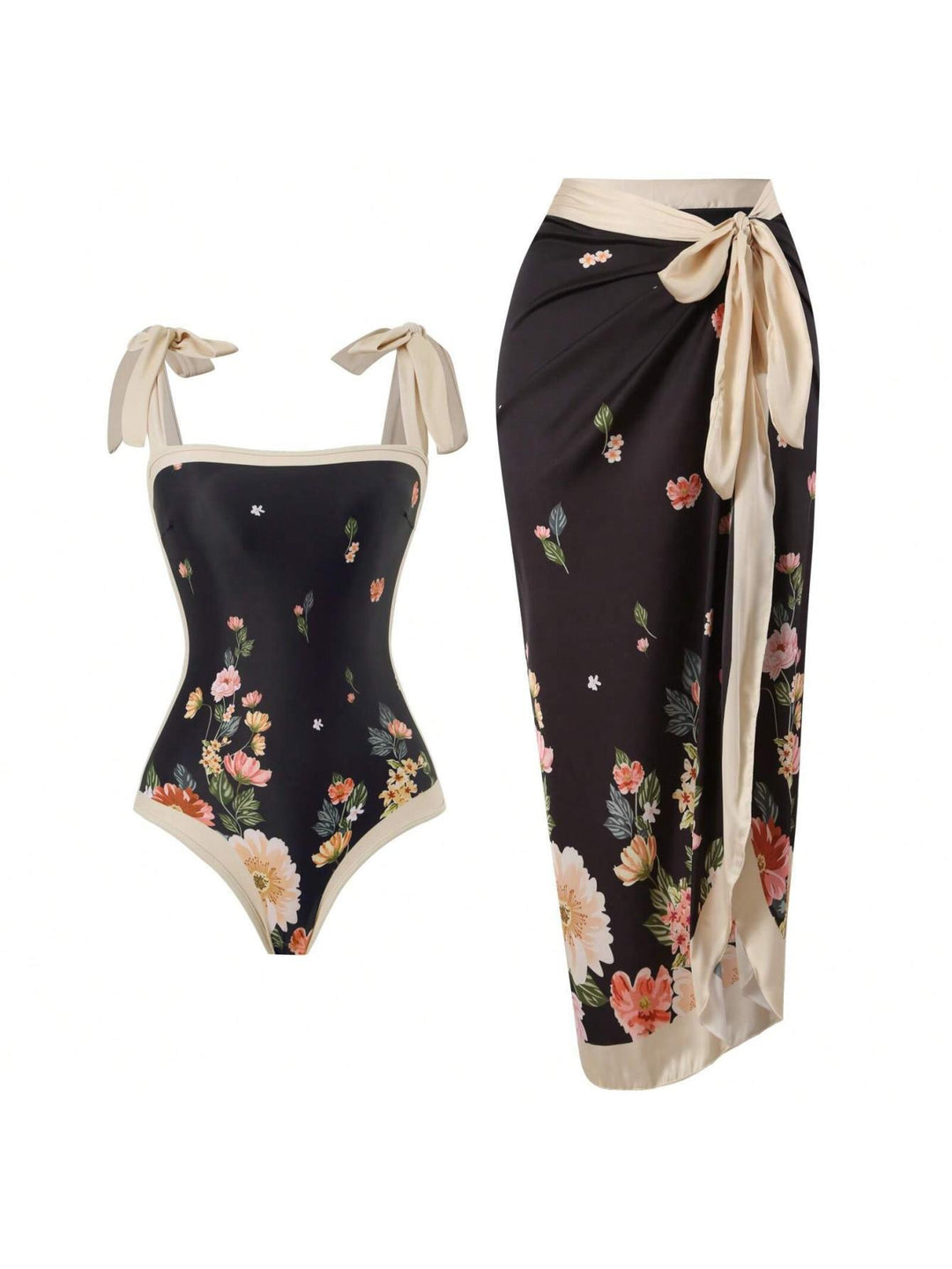 Damen Eleganter Badesuit mit floralen Akzenten und modischem Wickelrock Drune