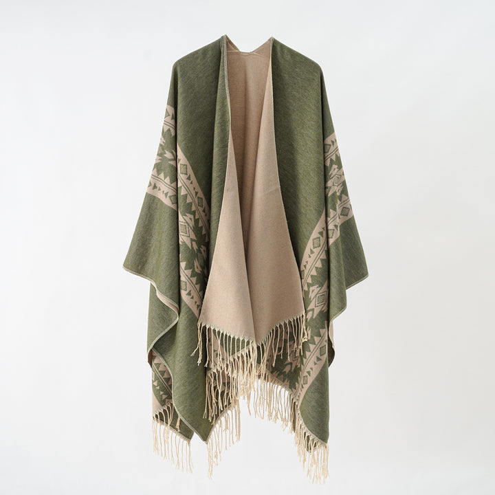 Damen eleganter Strickponcho mit kunstvollen Fransen und floralen Akzenten Drune