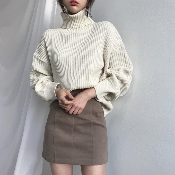 Damen Grobstrickpullover mit hohem Kragen und voluminösen Ärmeln Drune