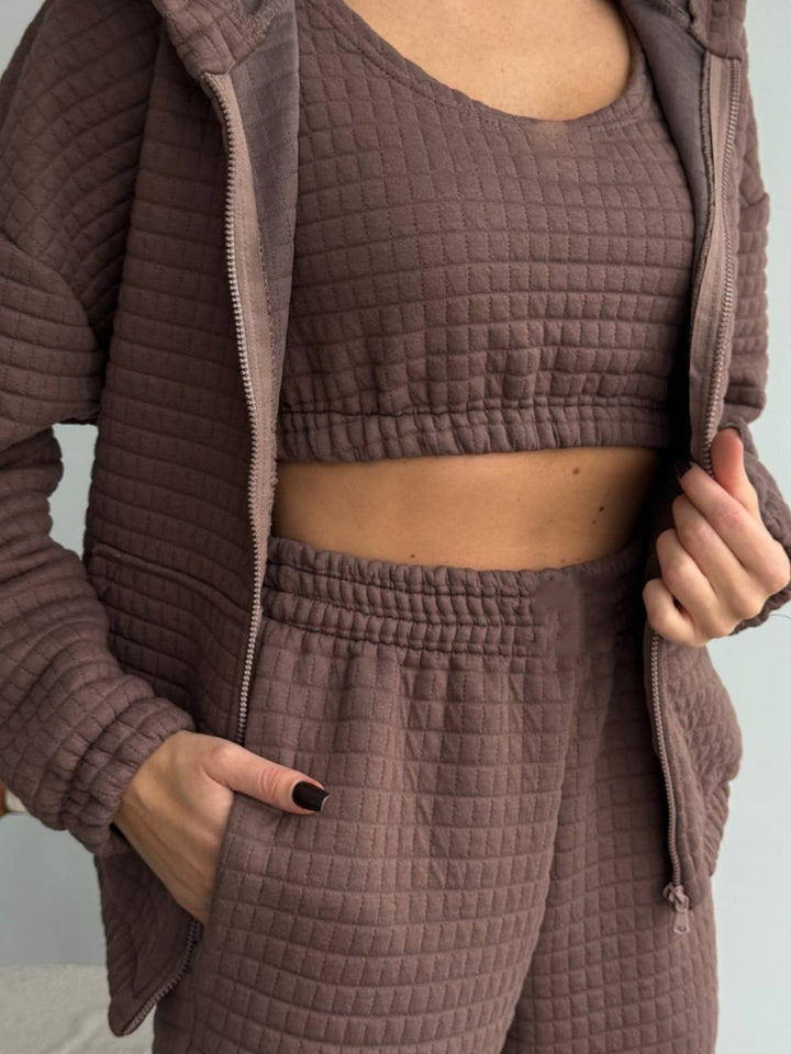 Damen bequemer Loungewear-Anzug mit strukturiertem Oberteil und elastischem Bund Drune