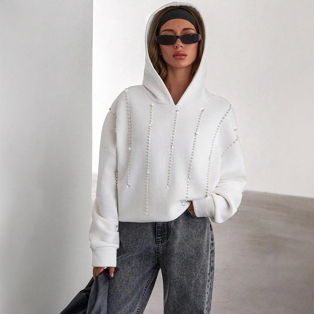 Damen Oversized Kapuzenpullover mit eleganten Perlenakzenten Drune