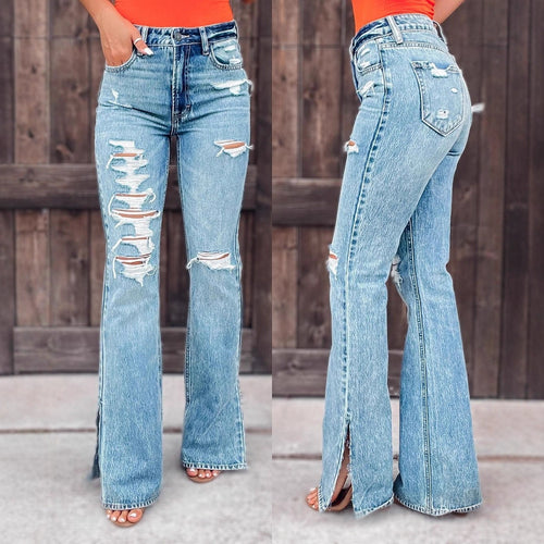 Damen Ripped Flared Jeans Drune