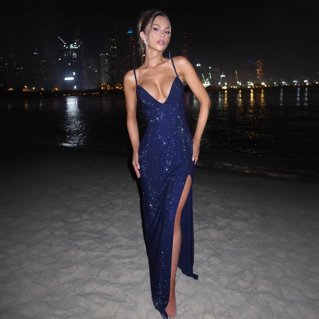 Damen Glamouröses Maxikleid mit tiefem V-Ausschnitt und strahlenden Pailletten Drune