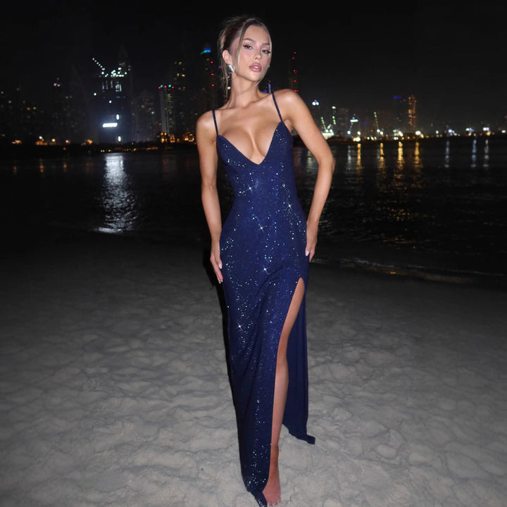 Damen Glamouröses Maxikleid mit tiefem V-Ausschnitt und strahlenden Pailletten Drune