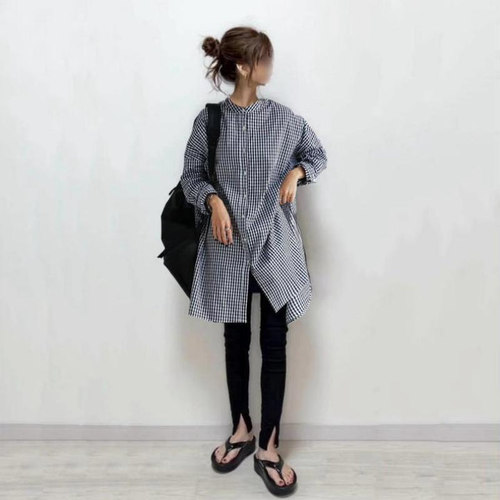 Damen Karobluse mit asymmetrischem Schnitt und modernen Details Drune