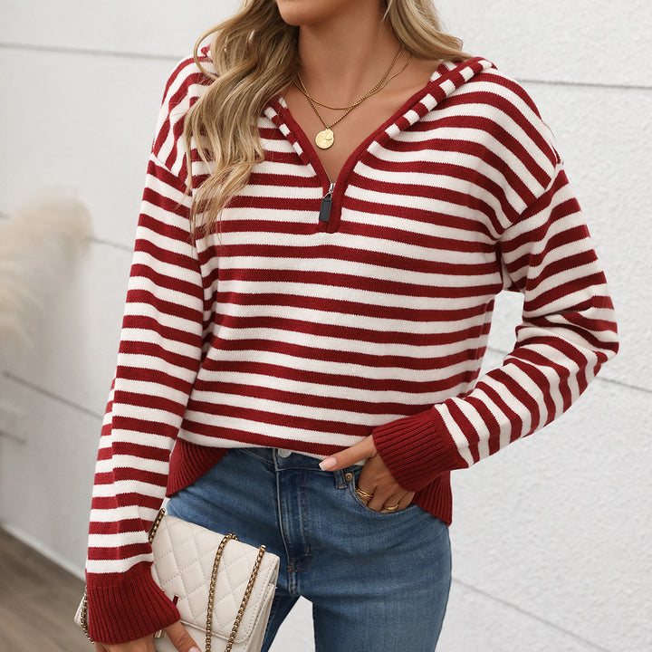 Damen gemütlicher Strickpullover mit modischem Reißverschluss und Streifenmuster Drune