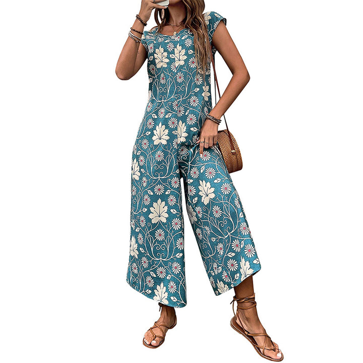 Damen Jumpsuit mit floralem Design und kastanienbraunem Bindegürtel Drune