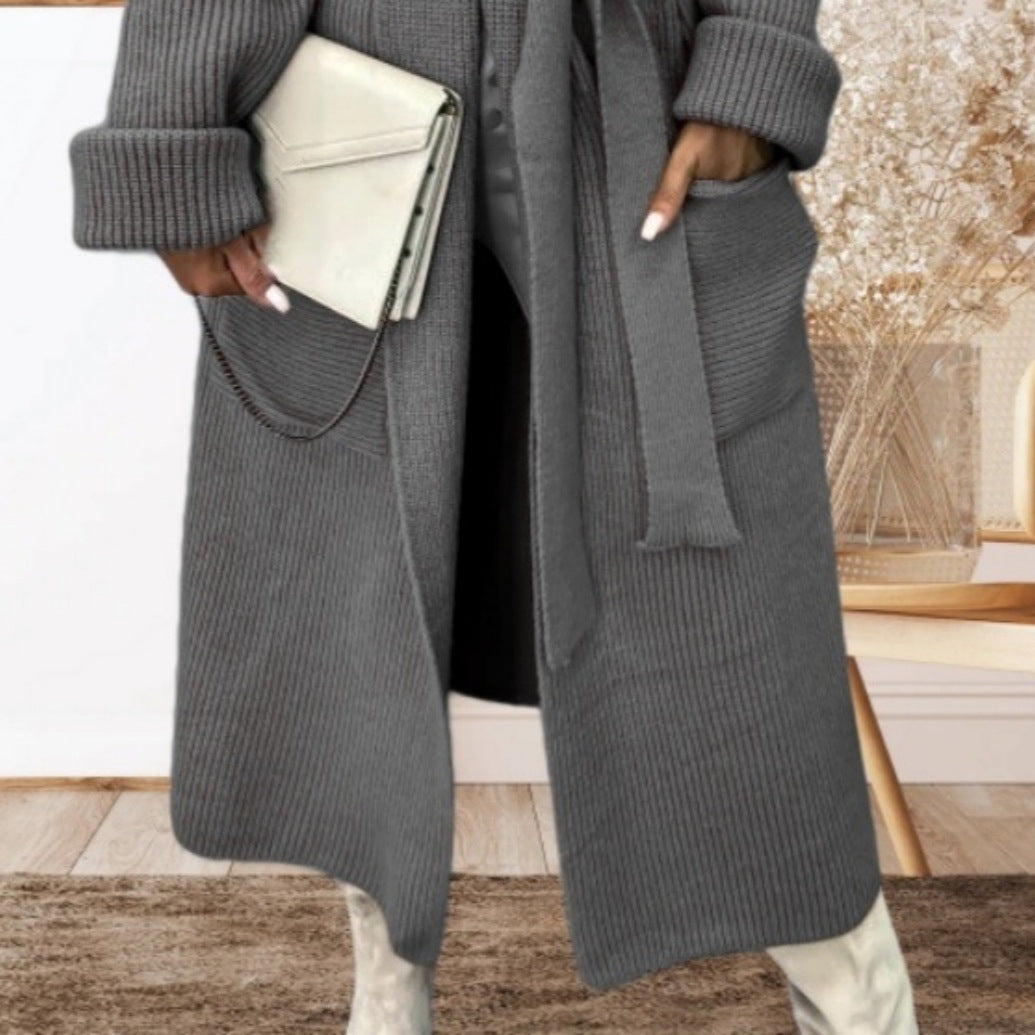 Damen Strickmantel mit Gürtel und breiten Revers Drune