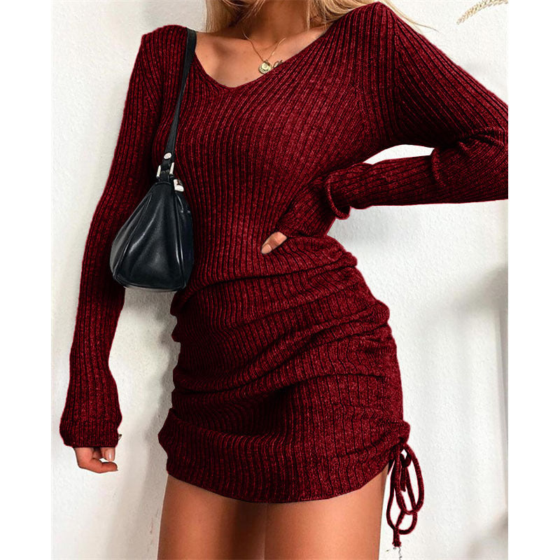 Damen Strick Mini-Kleid mit Raffung und V-Ausschnitt Drune