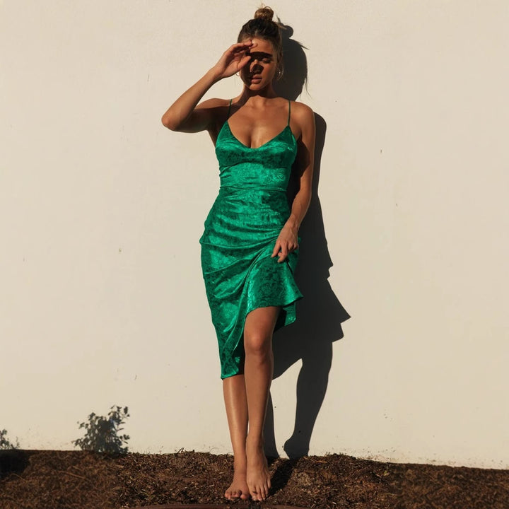 Damen elegantes Satin-Midikleid mit verstellbaren Trägern und raffiniertem Schnitt Drune