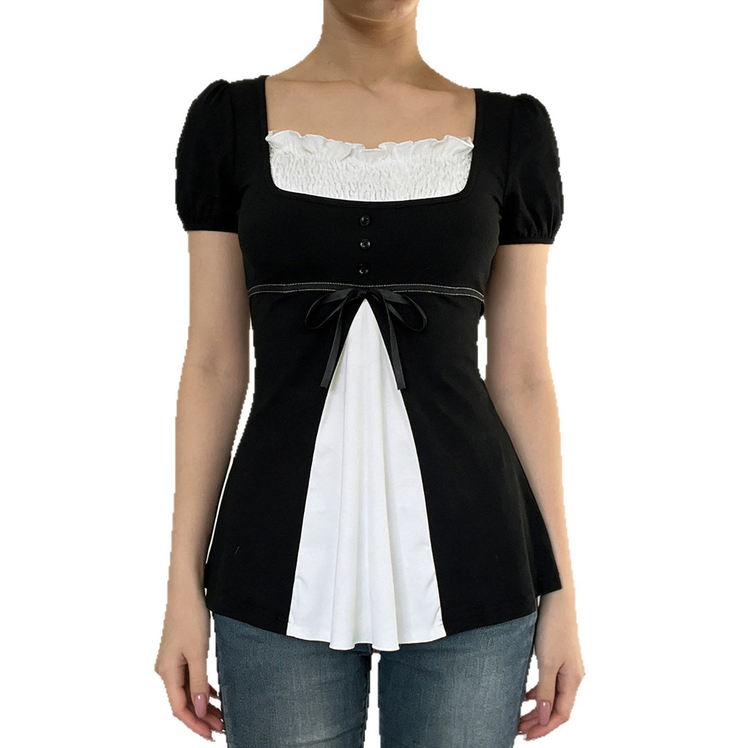 Damen elegantes Oberteil mit Puffärmeln und verspielten Schleifen Drune