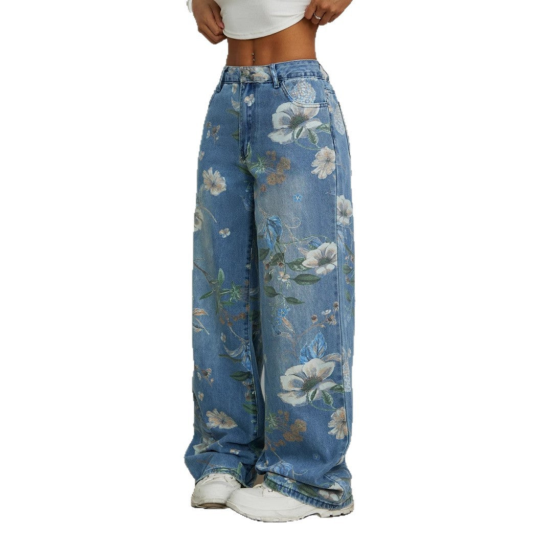 Damen weite Jeans mit floralem Design und hohem Taillenbund Drune