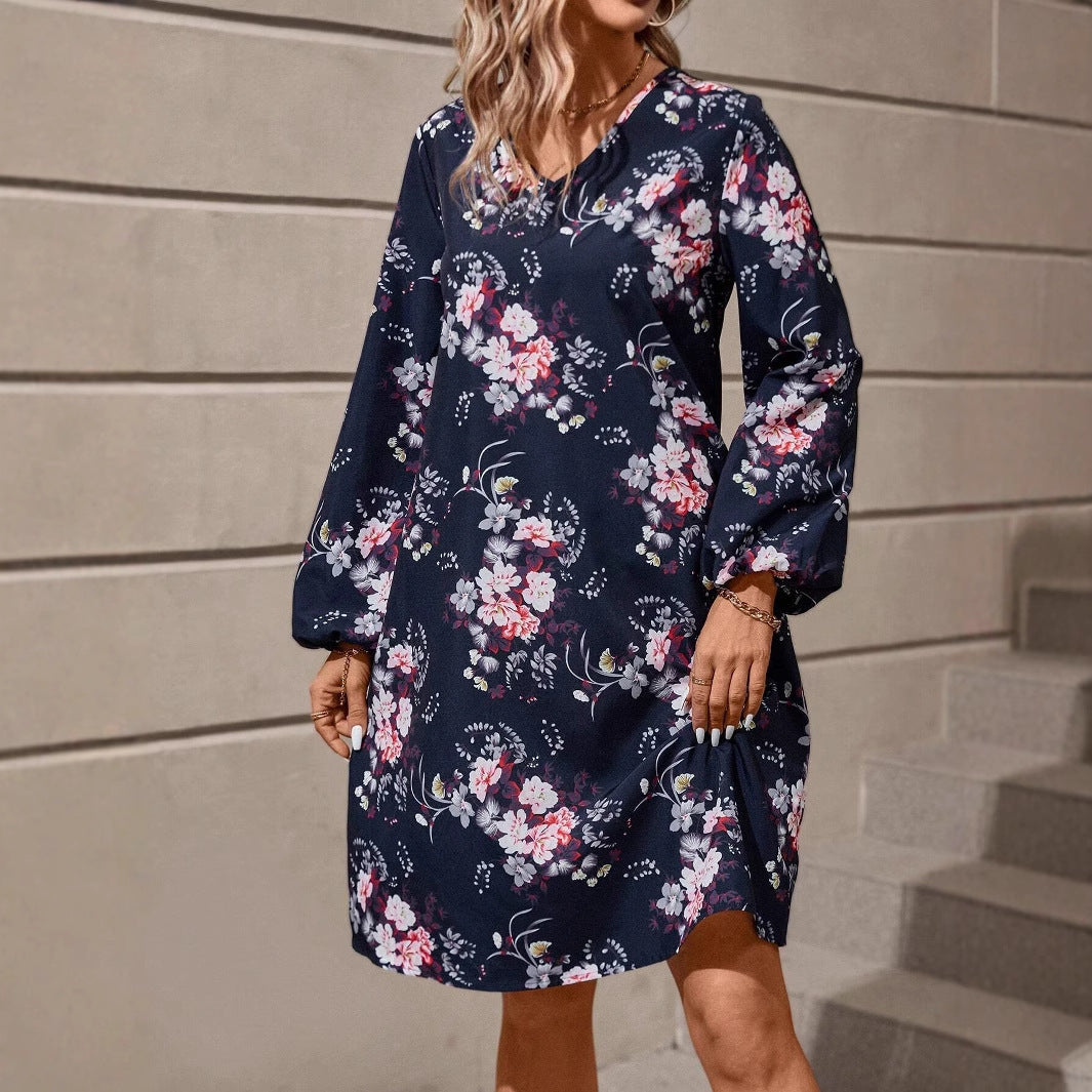 Damen florales V-Ausschnitt Kleid Drune