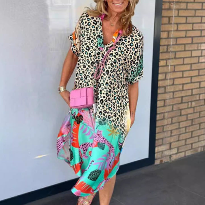 Damen nan weit geschnittenes V-Ausschnitt Midikleid mit Leoparden- und Tropenprint Drune