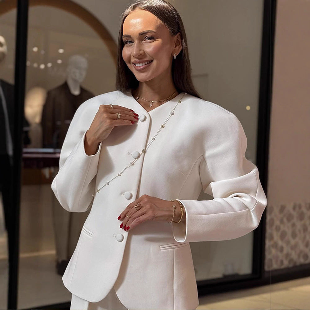 Damen Elegante Blazerjacke mit modischen Puffärmeln und dekorativem Knopfdesign Drune