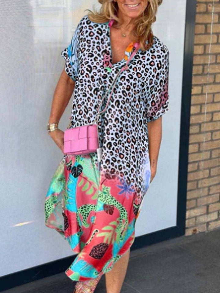 Damen nan weit geschnittenes V-Ausschnitt Midikleid mit Leoparden- und Tropenprint Drune