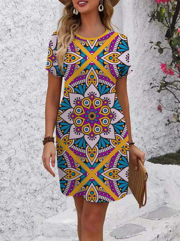 Damen farbenfrohes Mandala Kleid im lässigen Schnitt Drune