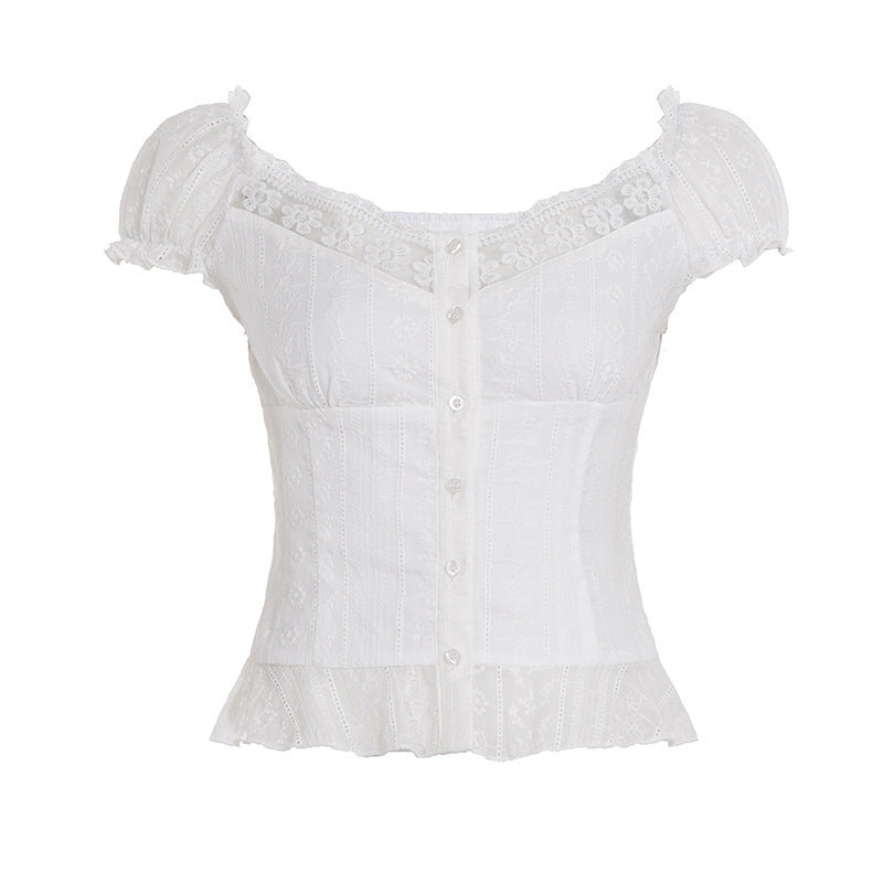 Damen Elegantes Blusenoberteil mit verspielten Puffärmeln und Knopfleiste Drune