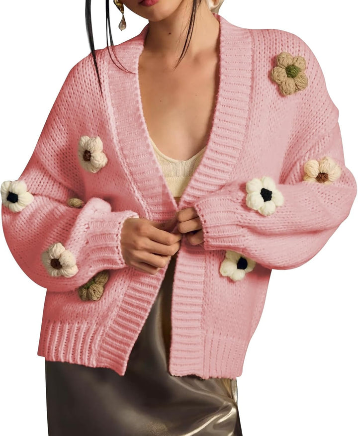 Damen Strickjacke mit Blumenapplikationen Drune