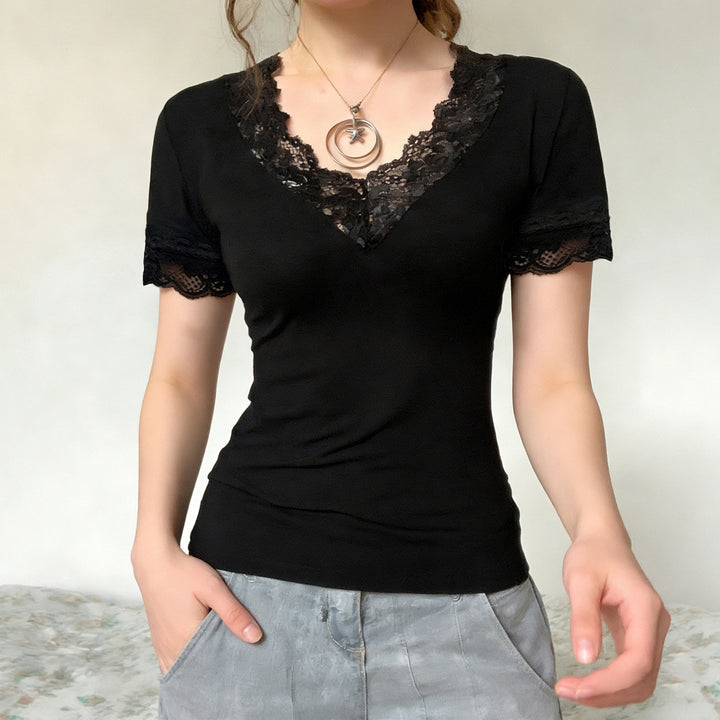 Damen T-Shirt mit elegantem Spitzenbesatz Drune