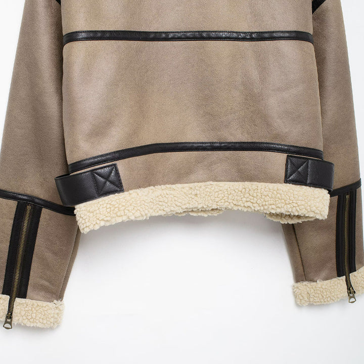 Damen Modische Übergangsjacke aus hochwertigem Kunstleder mit Teddyfell-Kragen und praktischen Taschen Drune