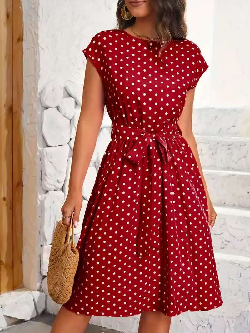 Damen Midikleid mit taillierendem Bindegürtel und verspieltem Polka-Dots Design Drune