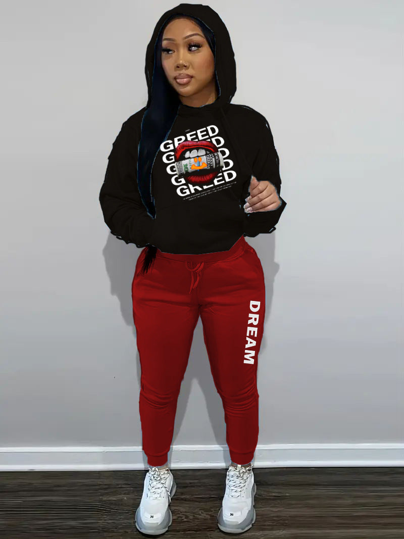 Damen Hoodie und Jogginghose Set mit kreativem Print Drune