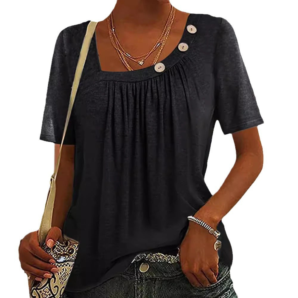Damen nan locker sitzendes Kurzarmshirt mit quadratischem Ausschnitt, geraffter Brustpartie und Zierknopf-Detail Drune