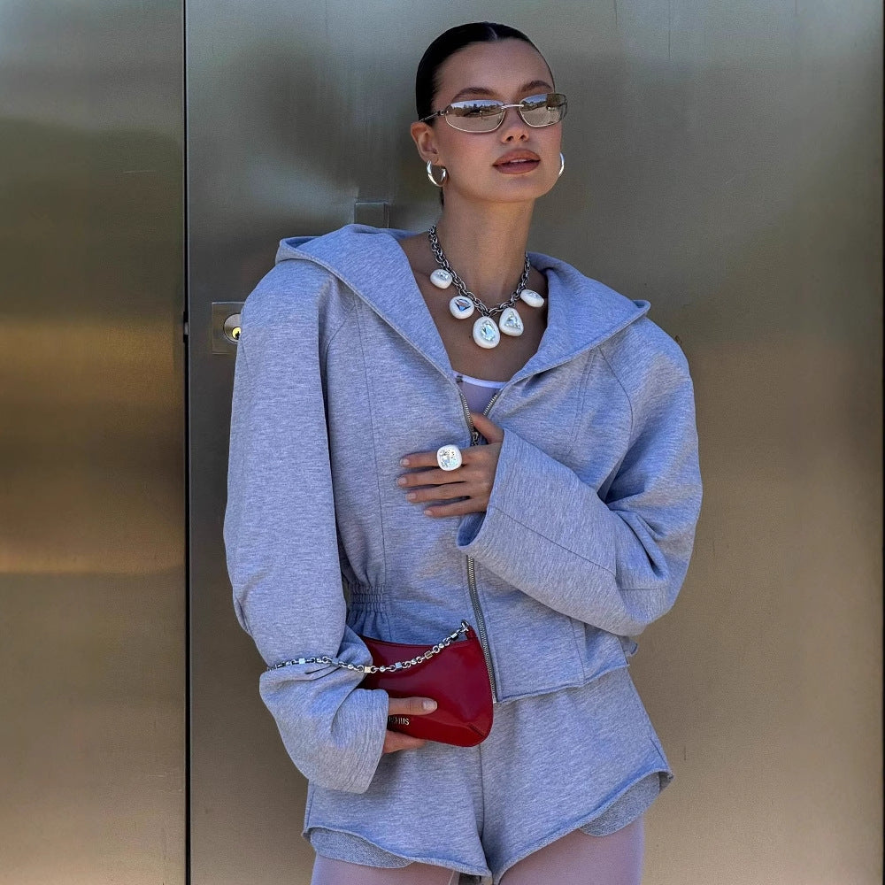 Damen Sportlicher Kapuzenjacke mit schmalem Bund und langen Ärmeln Drune