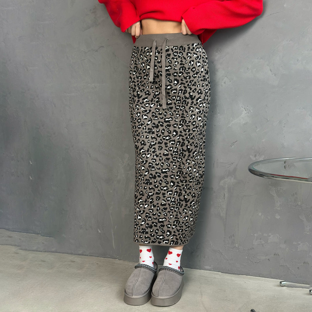 Damen Midi-Rock mit Leopard-Muster und Schlitz-Design Drune