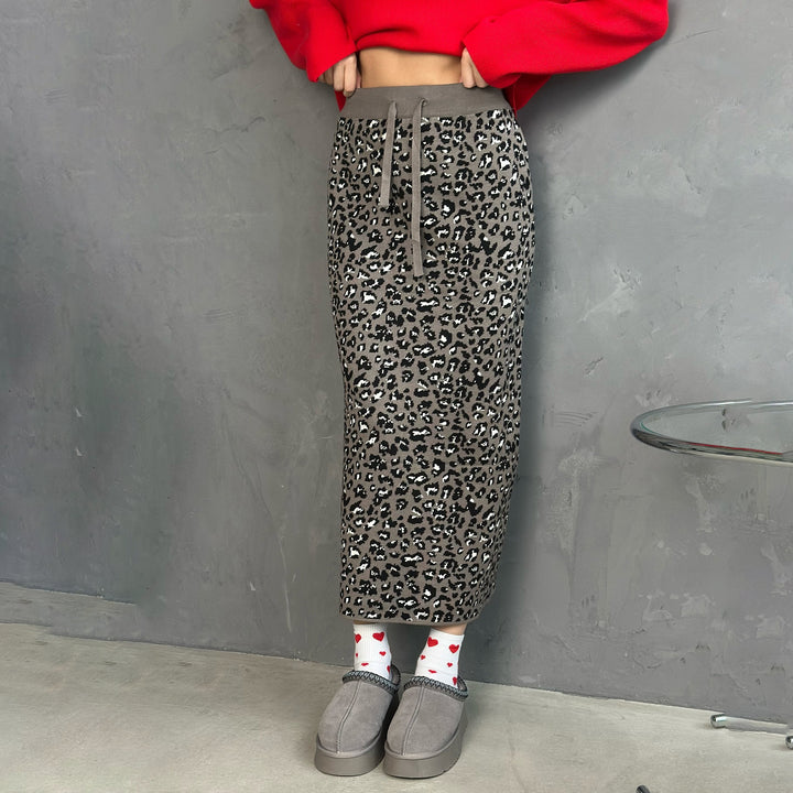 Damen Midi-Rock mit Leopard-Muster und Schlitz-Design Drune