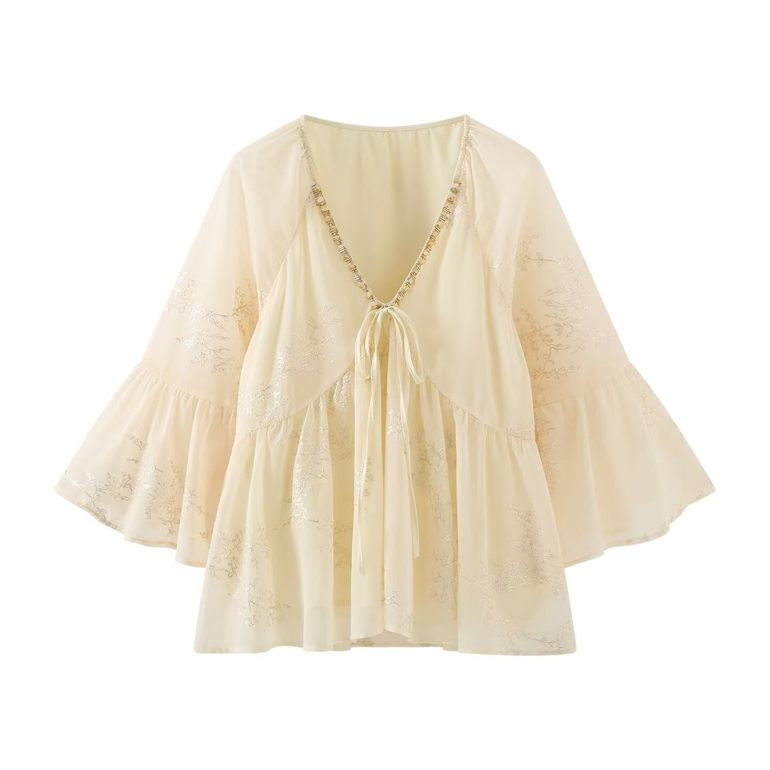 Damen leichtes Blusenshirt mit fließendem Schnitt und eleganten Bindebanddetails Drune