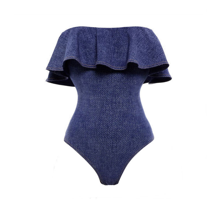 Damen Bandeau Badeanzug mit dekorativen Schleifen und gestreiftem Maxiröckchen Drune