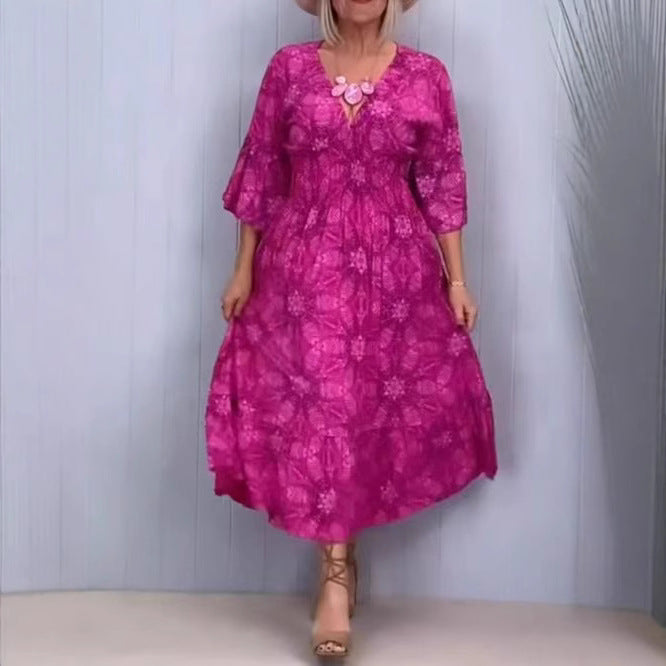 Damen nan fließendes Kaftan-Midikleid mit V-Ausschnitt, lockerer Silhouette, Stufenrock und dreiviertel-Ärmeln Drune