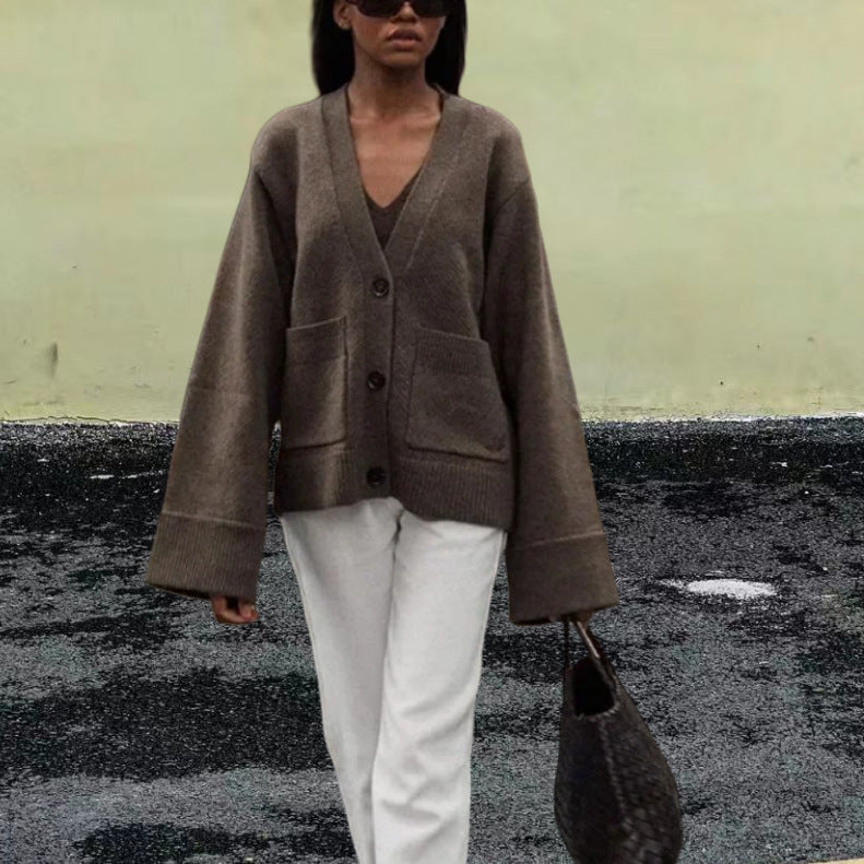 Damen Lässiger Strickjacke mit großen Taschen und offenem Schnitt Drune