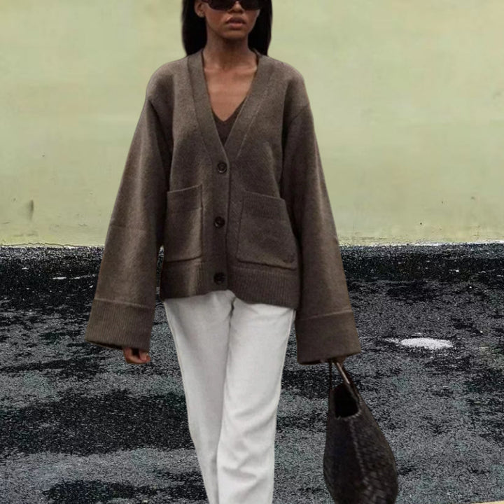 Damen Lässiger Strickjacke mit großen Taschen und offenem Schnitt Drune