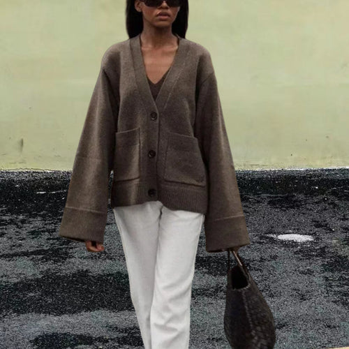 Damen Lässiger Strickjacke mit großen Taschen und offenem Schnitt Drune