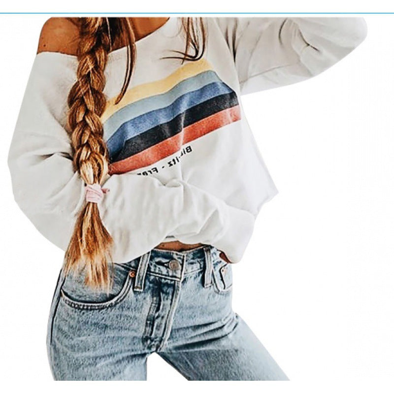 Damen Off-Shoulder Sweatshirt mit farblich abgesetztem Streifenmuster Drune