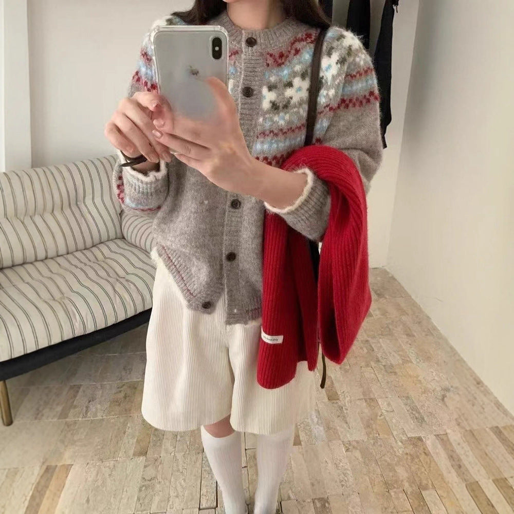Damen Gemusterte Strickjacke mit bunten Akzenten Drune