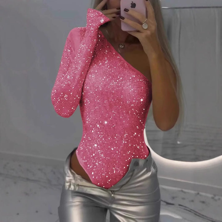 Damen Glitzerndes Langarm-Oberteil mit asymmetrischem Schnitt Drune