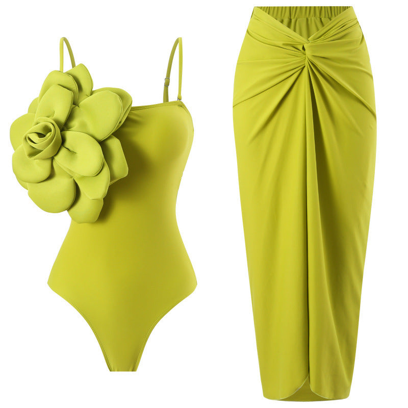 Damen Einteiler Badeanzug mit modischem Blumendesign und passendem Wickelrock Drune