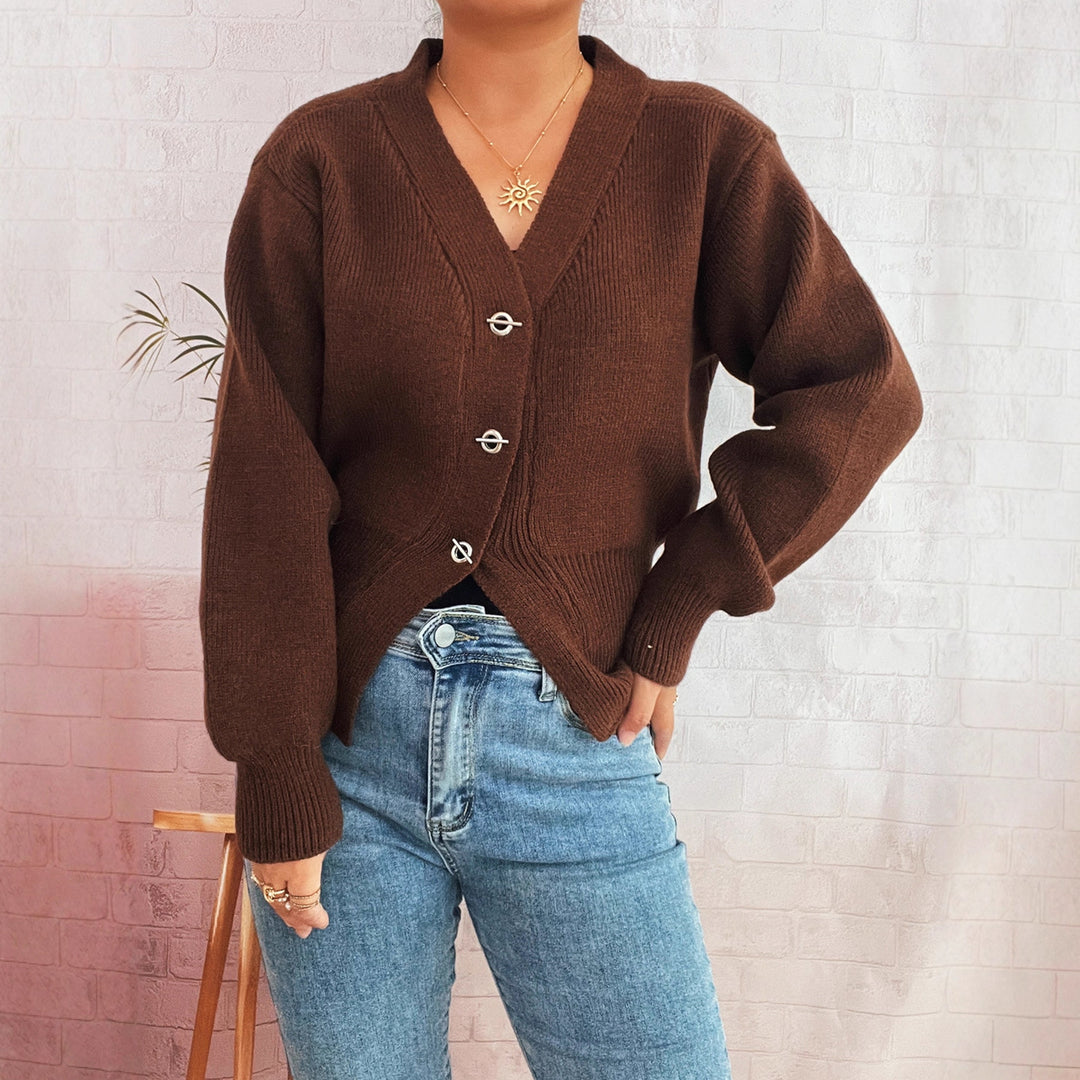 Damen leichte Strickjacke mit tiefem V-Ausschnitt und dekorativen Knöpfen Drune