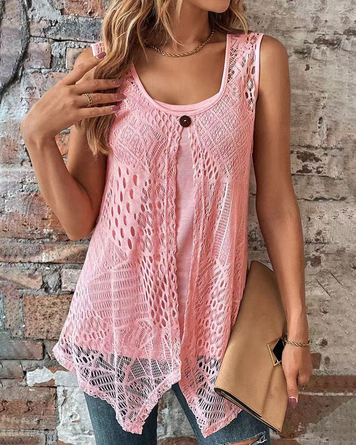 Damen nan gehäkeltes A-Linien-Oberteil mit asymmetrischem Zipfelsaum und integriertem Jersey-Untertop Drune