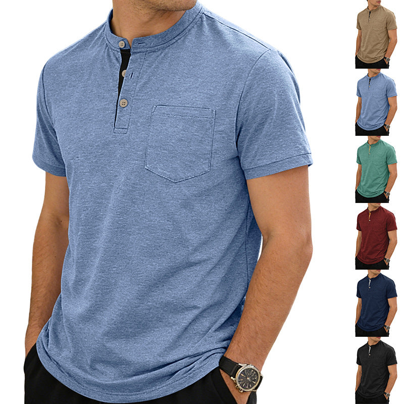 Herren nan strukturiertes Baumwoll-Henleyshirt mit kurzem Stehkragen Knopfleiste und Brusttasche Drune