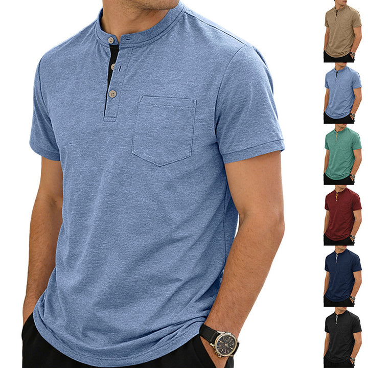 Herren nan strukturiertes Baumwoll-Henleyshirt mit kurzem Stehkragen Knopfleiste und Brusttasche Drune