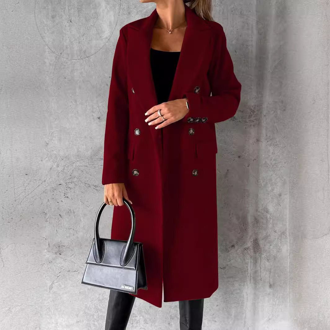 Damen Eleganter doppelreiheriger Mantel mit Seitentaschen und schmalem Schnitt Drune